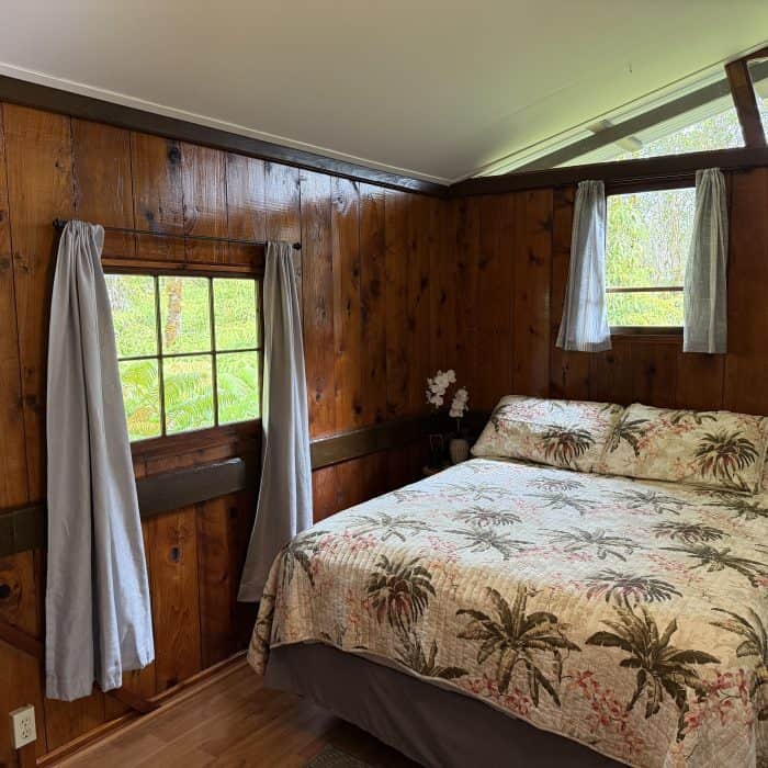 Hawaiian Anthurium Treehouse Cabin of Furnished Rentals in Hawaii centrally located between Pahoa, Hilo, and Volcanoes National Park, with views of Mauna Kea.