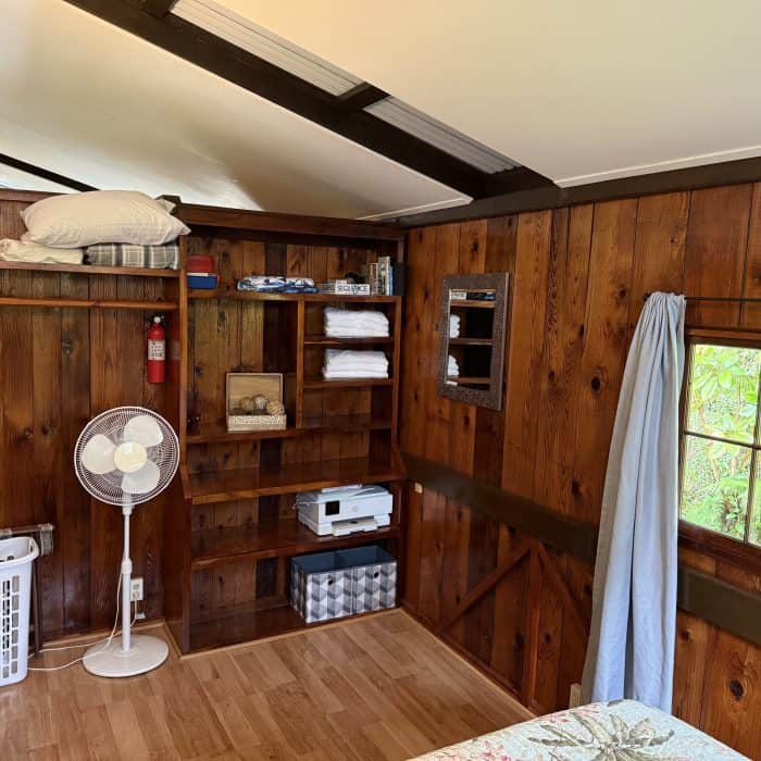 Hawaiian Anthurium Treehouse Cabin of Furnished Rentals in Hawaii centrally located between Pahoa, Hilo, and Volcanoes National Park, with views of Mauna Kea.