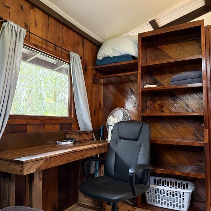 Hawaiian Anthurium Treehouse Cabin of Furnished Rentals in Hawaii centrally located between Pahoa, Hilo, and Volcanoes National Park, with views of Mauna Kea.