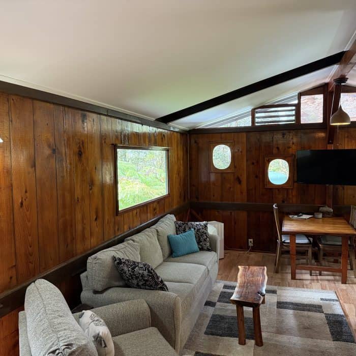 Hawaiian Anthurium Treehouse Cabin of Furnished Rentals in Hawaii centrally located between Pahoa, Hilo, and Volcanoes National Park, with views of Mauna Kea.