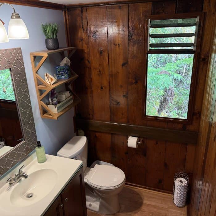 Hawaiian Anthurium Treehouse Cabin of Furnished Rentals in Hawaii centrally located between Pahoa, Hilo, and Volcanoes National Park, with views of Mauna Kea.