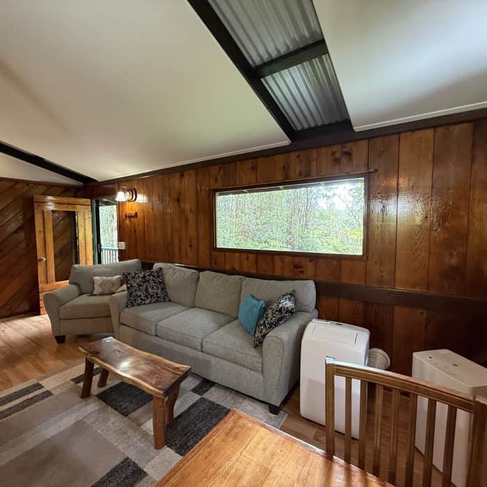Hawaiian Anthurium Treehouse Cabin of Furnished Rentals in Hawaii centrally located between Pahoa, Hilo, and Volcanoes National Park, with views of Mauna Kea.