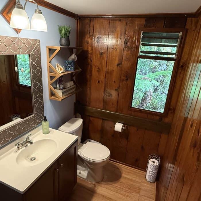 Hawaiian Anthurium Treehouse Cabin of Furnished Rentals in Hawaii centrally located between Pahoa, Hilo, and Volcanoes National Park, with views of Mauna Kea.