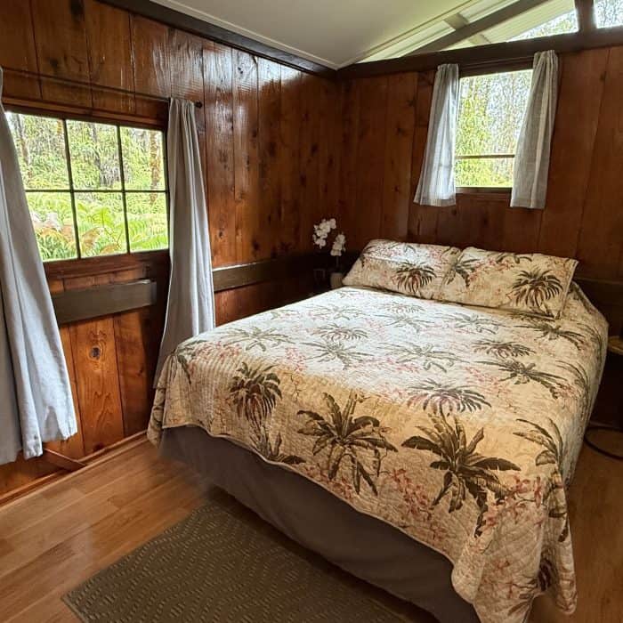 Hawaiian Anthurium Treehouse Cabin of Furnished Rentals in Hawaii centrally located between Pahoa, Hilo, and Volcanoes National Park, with views of Mauna Kea.