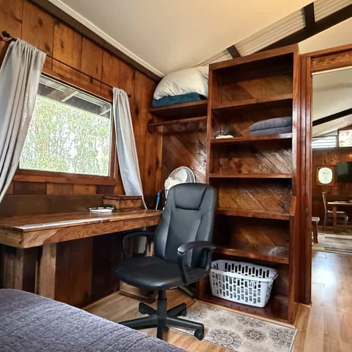 Hawaiian Anthurium Treehouse Cabin of Furnished Rentals in Hawaii centrally located between Pahoa, Hilo, and Volcanoes National Park, with views of Mauna Kea.